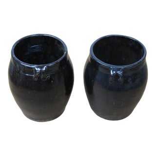 Hand Glazed Black Flower Pot - a Pair For Sale