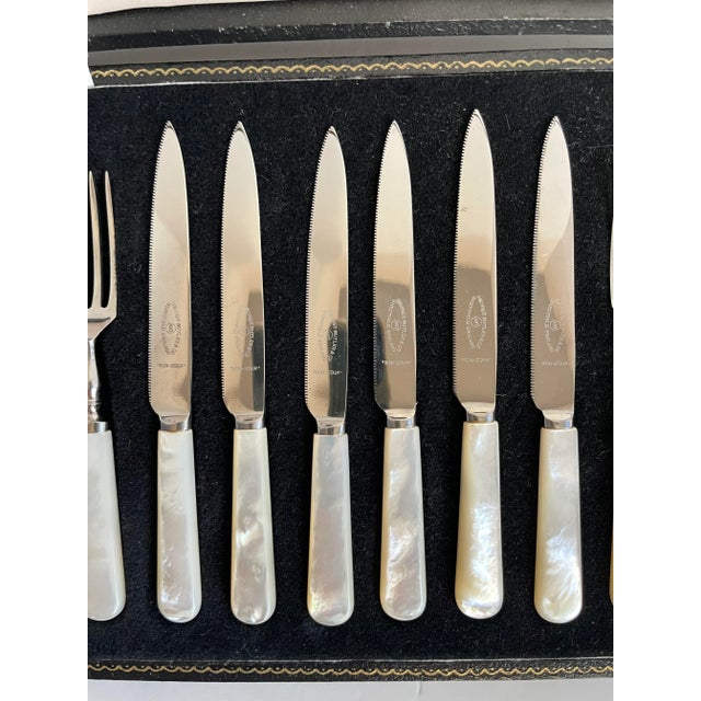 Metal Antique George Butler & Co. Sheffield England Mother of Pearl Knife and Fork Set -Set of 12 For Sale - Image 7 of 10