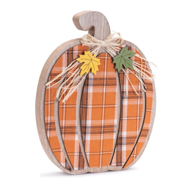 Embrace the cozy charm of fall with the Harvest Plaid Pumpkin Decor set. This set of two beautifully crafted wood...