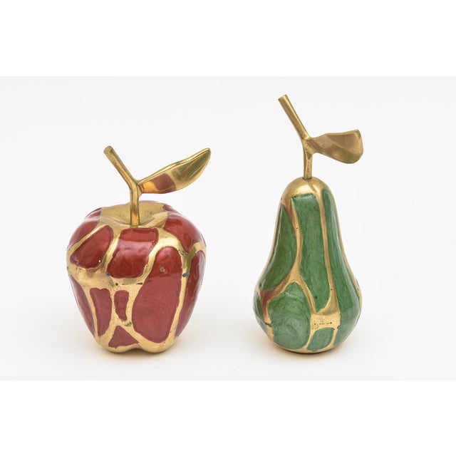 Vintage Enamel and Brass Pear and Apple Sculpture Objects, Green and Red Set of 6 For Sale - Image 11 of 11