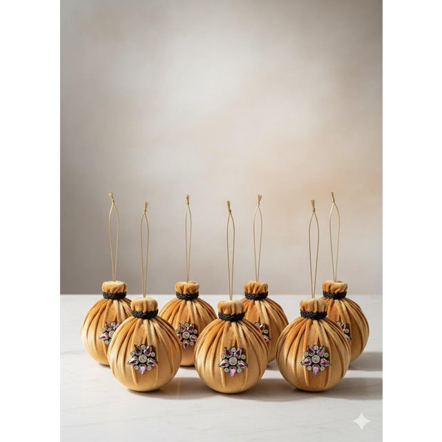 Hollywood Regency Heirloom 4" Dark Gold Velvet Ornaments With Jeweled Accent - Set of 6 Oversized Baubles in Satin-Lined Gift Box, Hollywood Regency Style, Artisan Made For Sale - Image 3 of 5