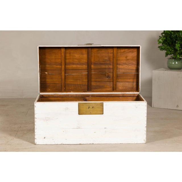 Mid 20th Century Whitewashed Blanket Chest with Brass Hardware and Storage For Sale - Image 9 of 12