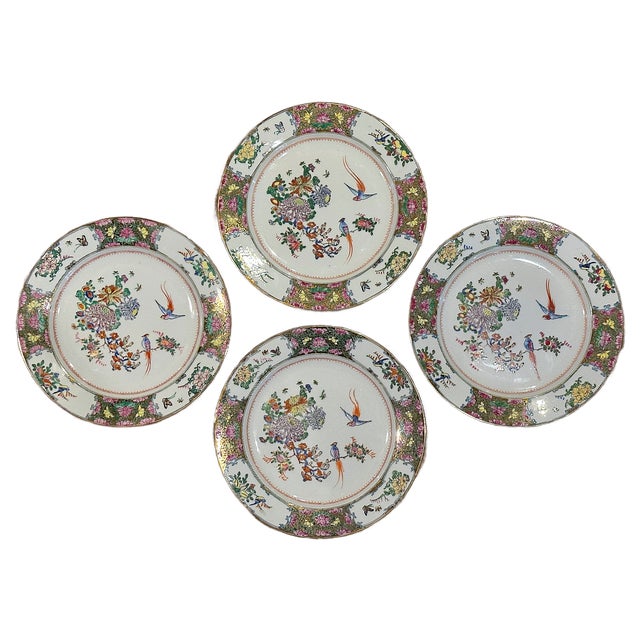 1950s Vintage Chinese Export Tobacco Leaf Famille Rose Dinner Plates - Set of Four For Sale - Image 5 of 5