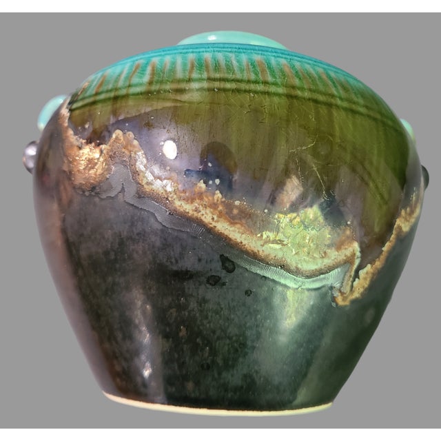 Mid 20th Century Vintage Studio Glazed Art Pottery Turquoise Blue Olive Green Vase Urn For Sale - Image 5 of 8