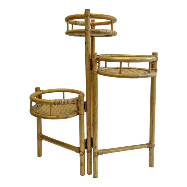 Vintage Foldable Bamboo and Rattan Plant Stand, 1980s For Sale