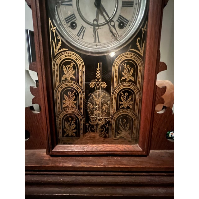 1890s Antique E. Ingraham Co. Oak "Lily" Gingerbread Mantel Clock For Sale - Image 4 of 8