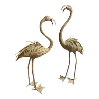 Pair of Vintage Verdigris Bronze Flamingo Garden Statues For Sale