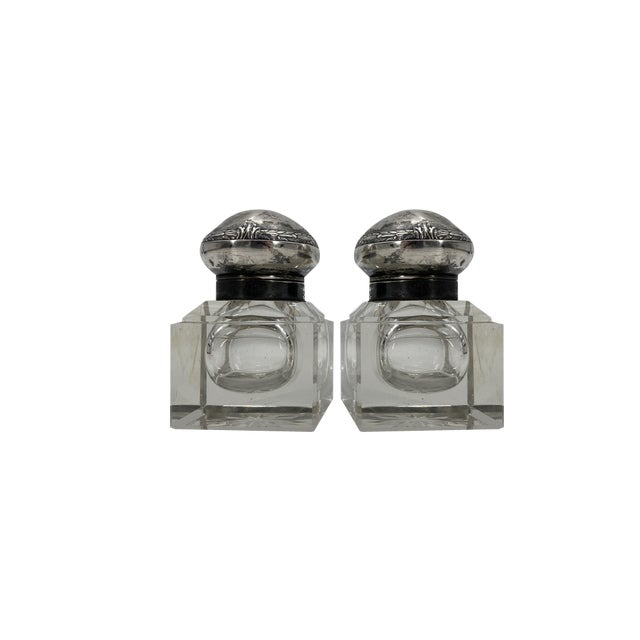 Art Nouveau Ink Barrel in Crystal Glass and 800 Silver by Wilhelm Theodor Binder, 1890s, Set of 2 For Sale