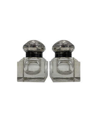 Art Nouveau Ink Barrel in Crystal Glass and 800 Silver by Wilhelm Theodor Binder, 1890s, Set of 2