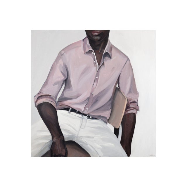 This artwork presents a striking portrayal of a seated figure, exuding a sense of relaxed confidence. The subject, clad in...