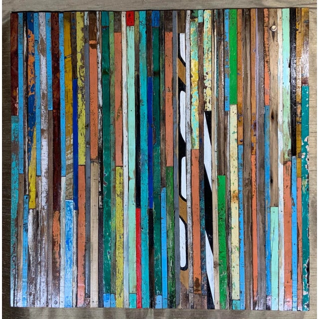 Exceptional wall hanging wood sculpture made of multi-colors reclaimed wood strips cuts, to put together beautiful Mosaic...
