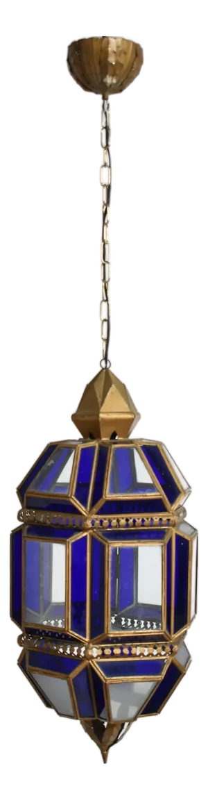 Brass and Blue Glass Lantern Ceiling Lamp, 1970s