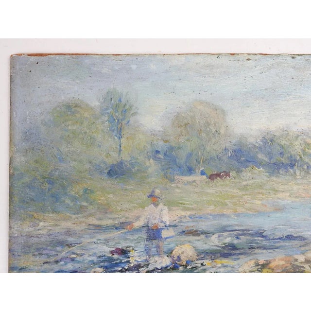 Early 20th Century Early 20th Century Plein Air Impressionist River Landscape and Fly Fisherman Painting For Sale - Image 5 of 7