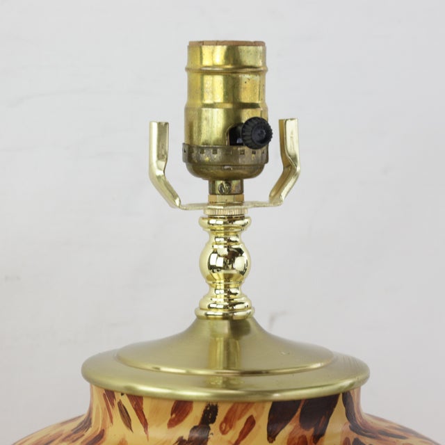 Mustard Pair of Vintage Hand Painted Yellow and Brown Tortoiseshell Pattern Porcelain Table Lamps With Wood Bases For Sale - Image 8 of 13