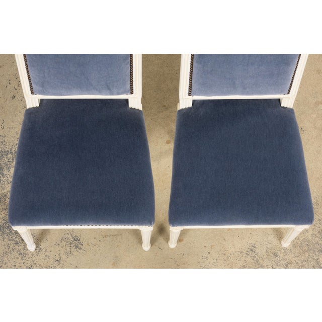 Antique French Louis XVI Style Painted Side Chairs W/ Blue Mohair – A Pair For Sale - Image 4 of 18