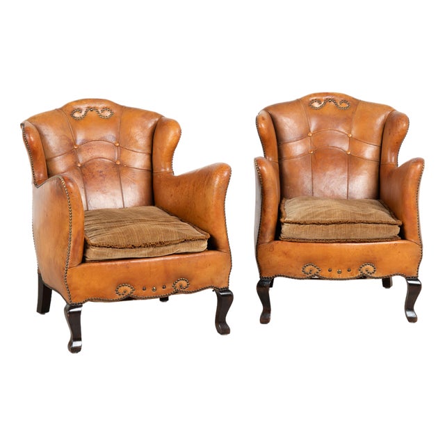 Pair, 20th Century Vintage Danish Brown Leather Club Chairs With Decorative Nail Head Trim For Sale