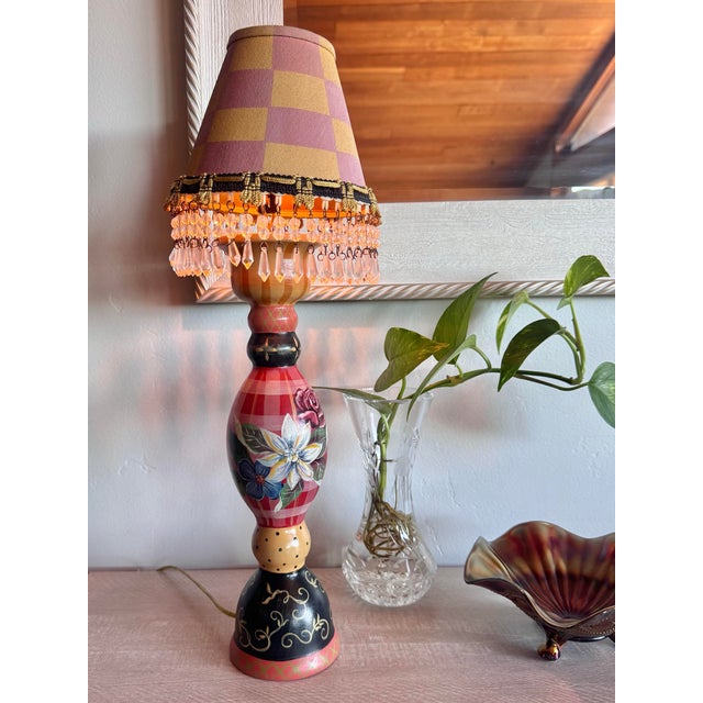 Tracy Porter Stonehouse Farm Goods Hand Painted Wooden Table Lamp With Checked Crystal Lamp Shade For Sale - Image 9 of 11