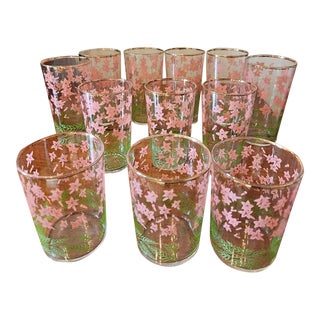 1950s Vintage Libby 'Pink/Green Floral' Glass Tumblers- Set of 12 For Sale