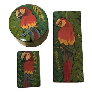 1980s Haitian Folk Art Keepsake Hand Painted Cedar Box’s - Set of 3 For Sale