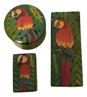 1980s Haitian Folk Art Keepsake Hand Painted Cedar Box’s - Set of 3