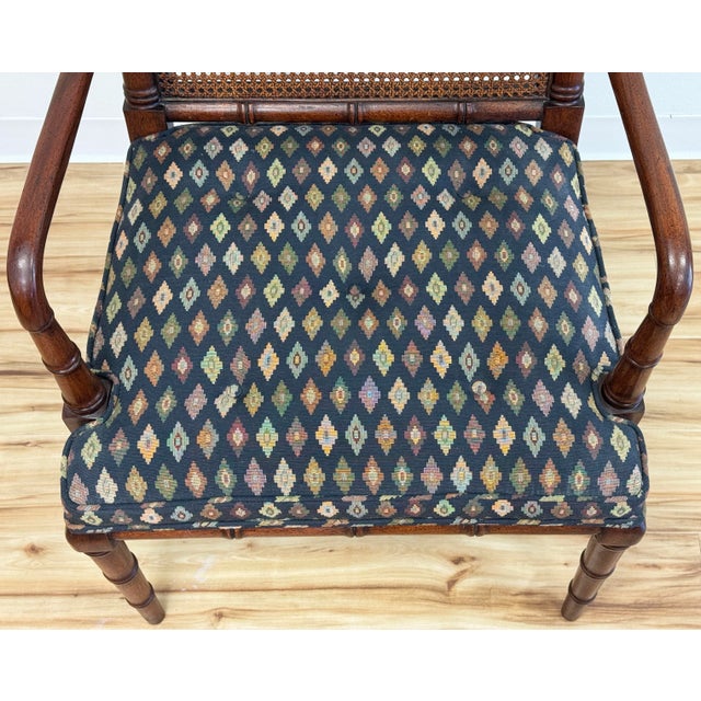 Vintage Faux Bamboo Cane Back Upholstered Seat Arm Chair For Sale - Image 9 of 9