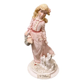 Vintage Hand-Painted Porcelain Girl with Flower Basket and Puppies Figurine by Antonio Belcari for Dear, 1987 For Sale