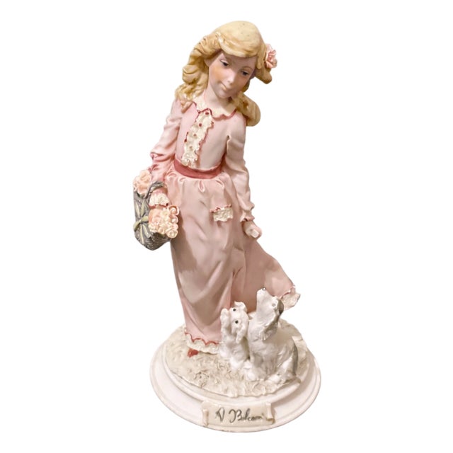 Vintage Hand-Painted Porcelain Girl with Flower Basket and Puppies Figurine by Antonio Belcari for Dear, 1987 For Sale