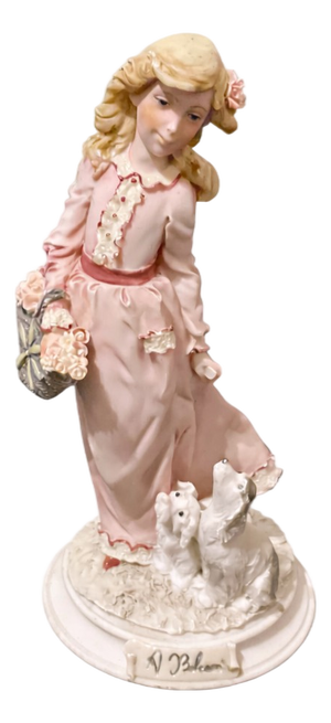 Vintage Hand-Painted Porcelain Girl with Flower Basket and Puppies Figurine by Antonio Belcari for Dear, 1987