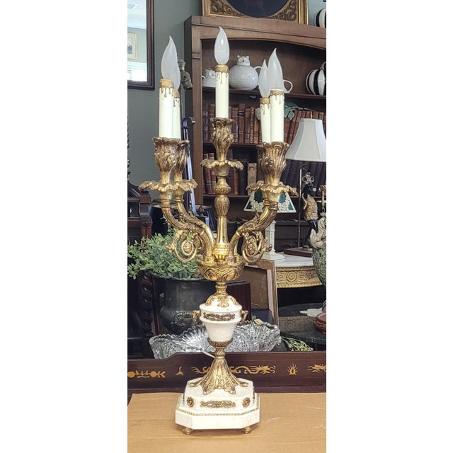 Metal 1950s Pair French Stone and Gilt Brass Candelabra Lamps For Sale - Image 7 of 16