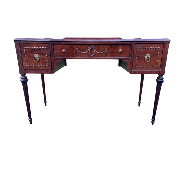 Antique Federal Revival Rosewood Writing Desk with Burl and Brass Accents Elegant antique Federal Revival writing desk...