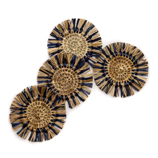 Contemporary Deborah Rhodes Fringe Raffia Coasters, Navy, Set of 4 For Sale - Image 3 of 3