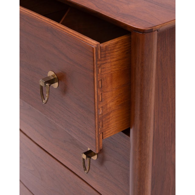 T.H. Robsjohn Gibbings Widdicomb Walnut Five Drawer Chest Klismos Leg Book Matched For Sale - Image 11 of 13
