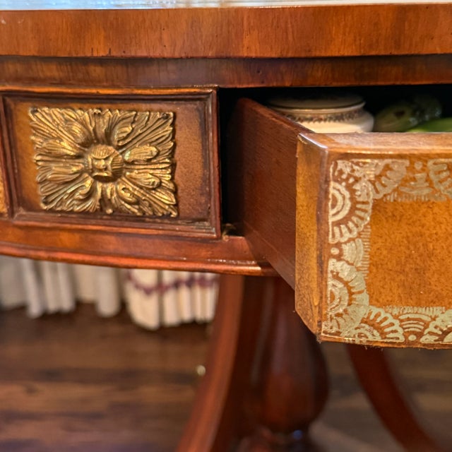 Maitland Smith Brass Mounted Mahogany and Leather Drum Table For Sale - Image 9 of 12