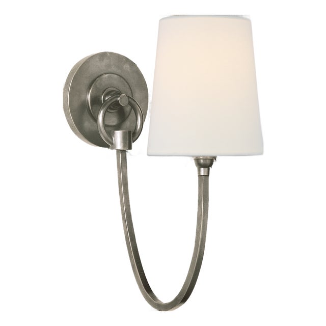 Thomas O'Brien for Visual Comfort Signature Reed Single Sconce in Antique Nickel with Linen Shade For Sale