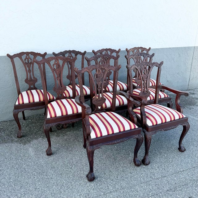 Side chairs: 22.75”w, 20.5”d, 40.5”h This exceptional set of nine Vintage Chippendale style dining chairs showcases...