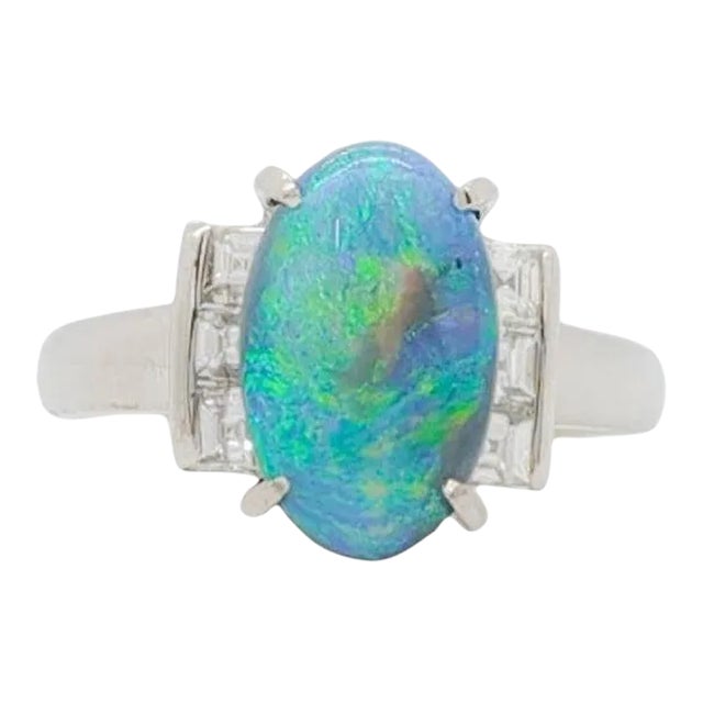 Black Opal Oval and White Diamond Cocktail Ring in Platinum, size 5.5 For Sale