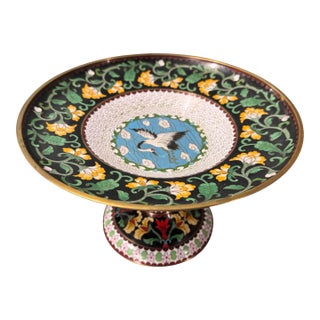 Antique Floral & Egret Enamel Inlay Decorated Chinese Cloisonné Compote Serving Dish For Sale