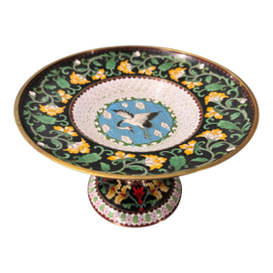 Antique Floral & Egret Enamel Inlay Decorated Chinese Cloisonné Compote Serving Dish
