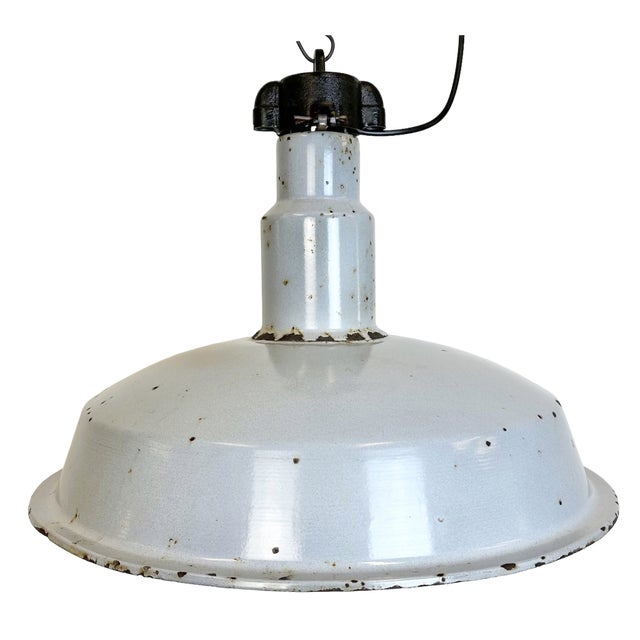 Large Mid-Century Industrial Grey Enamel Factory Lamp, 1950s For Sale