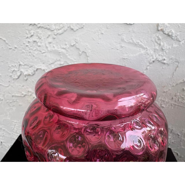 Vintage Fenton Cranberry Pinch Coin Dot Overlay Art Glass Vase With Ruffled Rim – 8.25” For Sale - Image 11 of 11