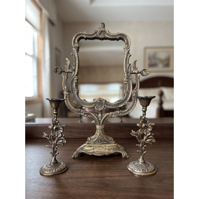 Handmade Antiqued Brass Mirror Candlestick Set For Sale - Image 4 of 14