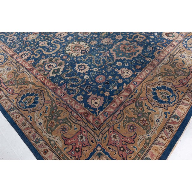 Antique Indian Navy Blue and Beige Handmade Wool Carpet For Sale - Image 9 of 9