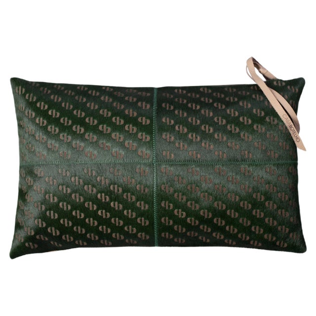 Seaweed Green Patterned Cowhide Cushion with Leather Zip Tassels by Casa Botelho For Sale
