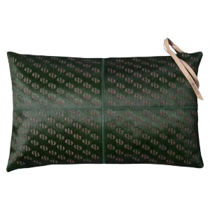 Seaweed Green Patterned Cowhide Cushion with Leather Zip Tassels by Casa Botelho