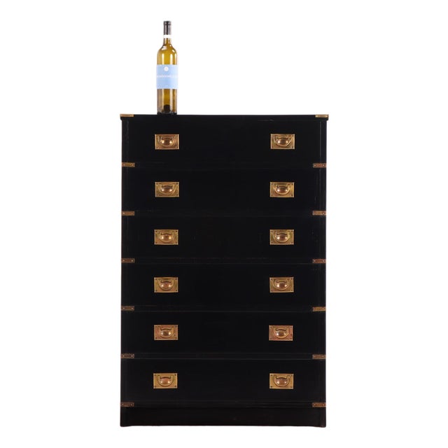 Ebonized Mahogany Campaign Style Tall Chest, C. 1960. For Sale