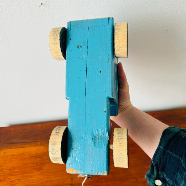 Vintage Blue Primative Wood Milk Truck Pull Toy For Sale - Image 9 of 12