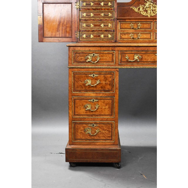 Victorian Burr Walnut and Ormolu-Mounted Pedestal Desk with Cabinet Top, 1870 For Sale - Image 10 of 18