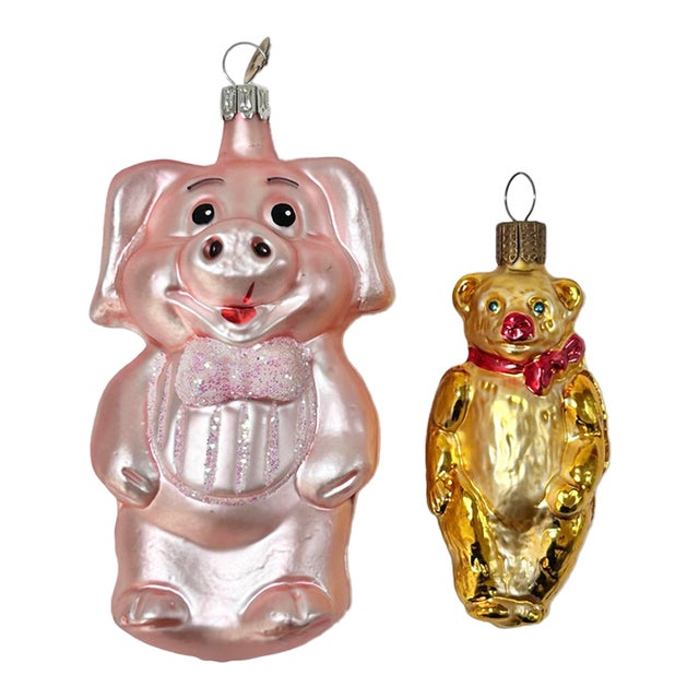 Vintage German Glass Pig & Teddy Bear Christmas Ornaments – Pair For Sale