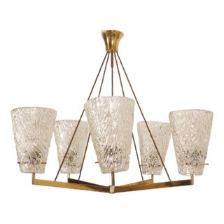 Austrian Brass Chandelier with Textured Glass by J. T. Kalmar, 1950s For Sale