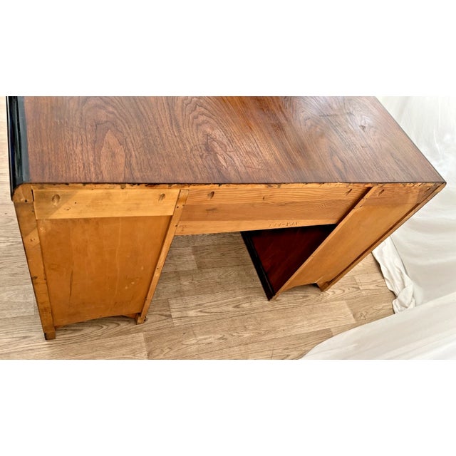 1930s 1930s Art Deco Desk Waterfall Top Seven Dovetail Bakelite Drawers Burl Walnut Carved For Sale - Image 5 of 12